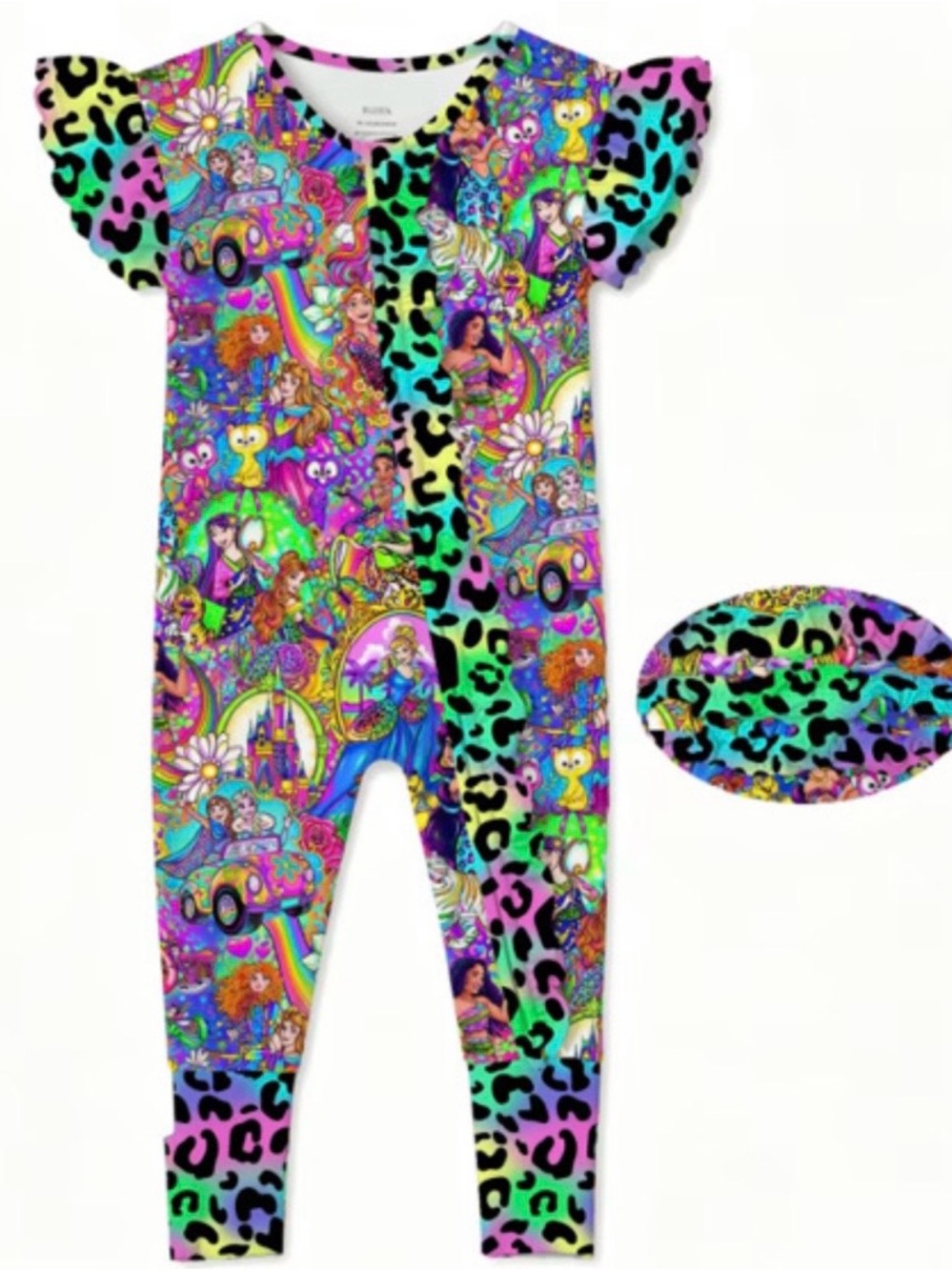 BAMBOO Rainbow Leopard flutter sleeve ruffle butt zippy with optional footies